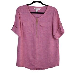 Ellen Tracy Pink Linen Blend Zipper Detail Rolled Tab Popover Top Blouse Large